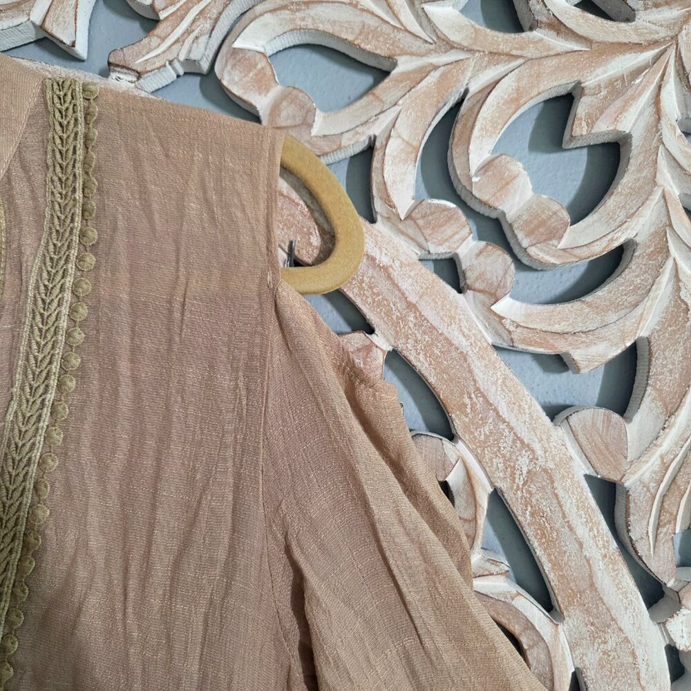ELFINDEA khaki boho mini dress lace trim, tassels, cold shoulder Large - Picture 5 of 10